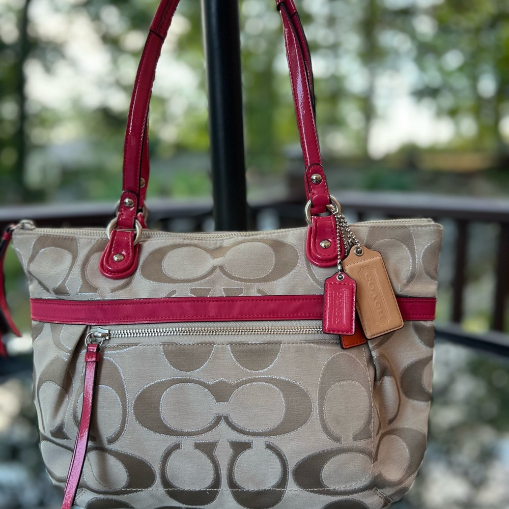 Coach Beige and Deep Pink/Red Designer Tote Bag